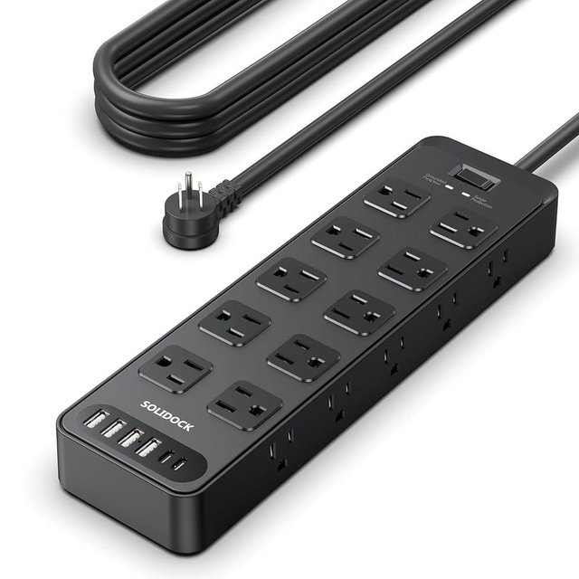 Solidock Flat Plug Power Strip Surge Protector with 20 AC Outlets 6 USB Ports, 1875W/15A, 2700 Joules, 6 Ft Heavy Duty Extension Cord with Multiple Outlets for Home, Office, Dorm, Gaming,ETL Listed