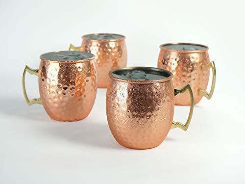 PG Set of 4 Classic Hammered Copper Plated Moscow Mule Mug with Brass Handle Stainless Steel Lining, 19.5oz, Factory Direct Sale
