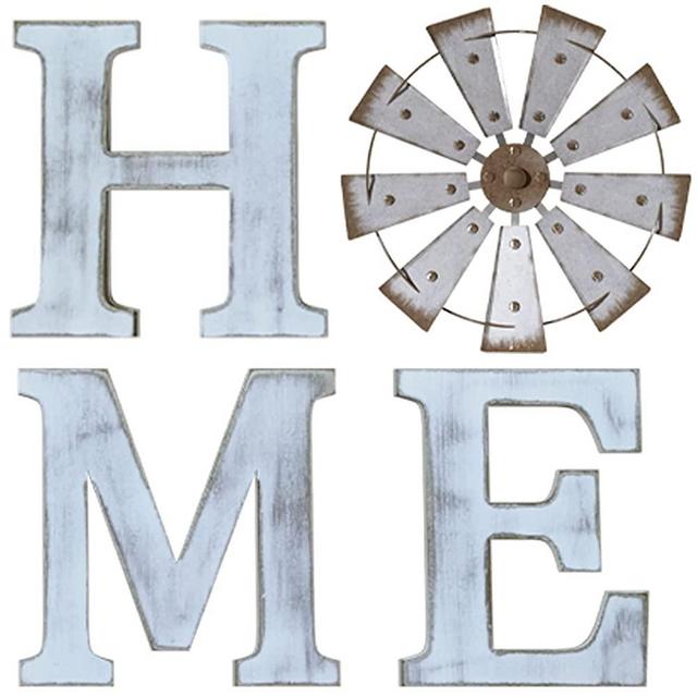 Home Letters with Windmill Decor Wall Hanging Farmhouse Distressed White Vintage Wood Letters, Rustic Metal Windmill