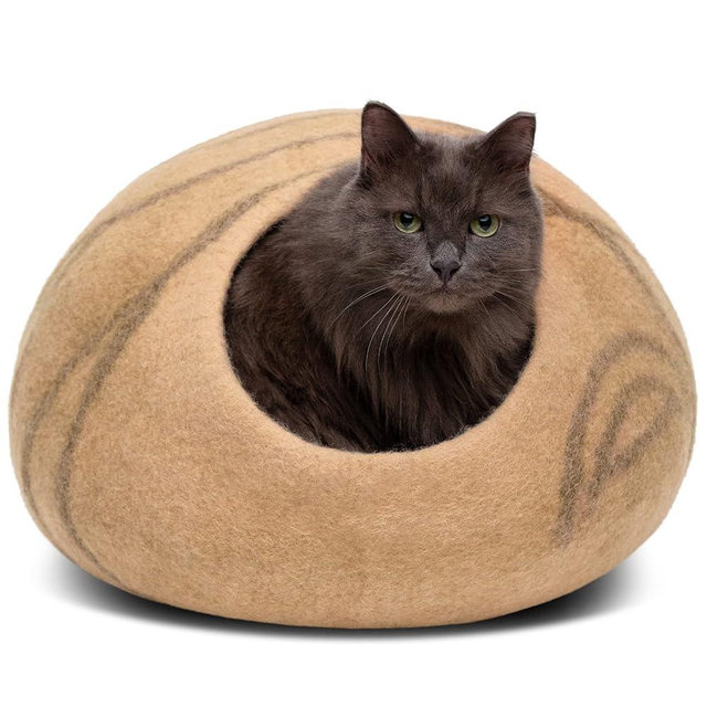 MEOWFIA Cat Cave – Premium Felt Cat Bed for Indoor Cats, Handmade Merino Wool (Beige, Medium)