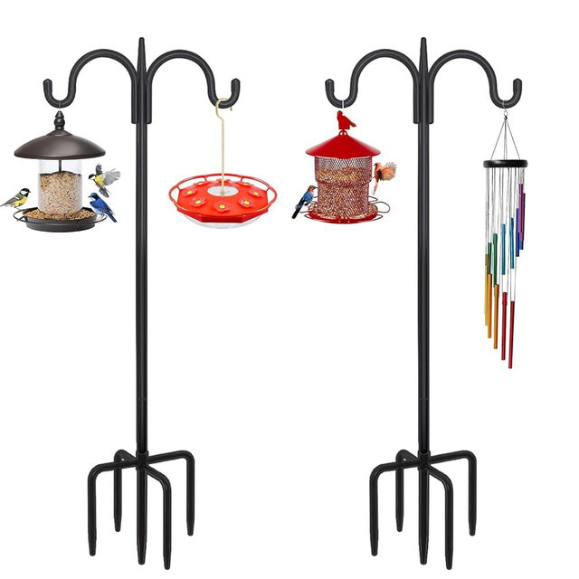 FEED GARDEN Adjustable Double Shepherds Hook for Outdoor with 5 Prong Base 75 Inch Heavy Duty Two Sided Bird Feeder Pole for Hanging Plant Baskets, Solar Light Lanterns, Wind Chimes 2 Pack