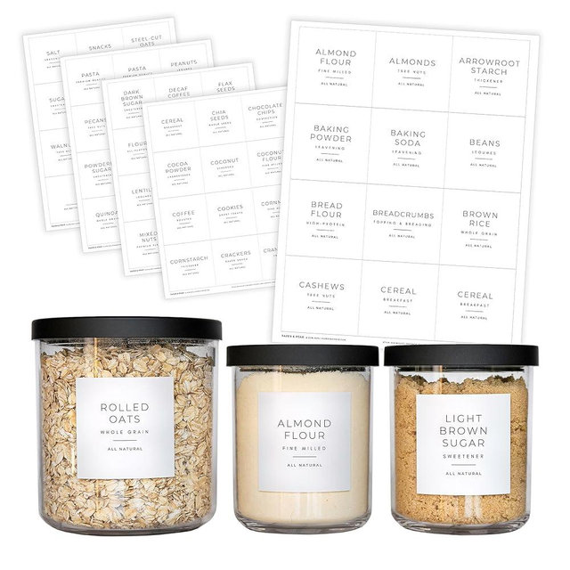 Minimalist White Pantry Labels for Containers Preprinted Waterproof by Paper & Pear - Kitchen Labels for Food Containers - 2.6 Inches Pantry Stickers for Home Improvement - Set of 60 (No Jars)