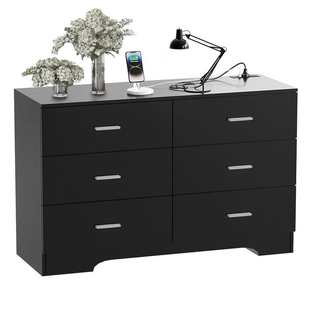 FJTJBSI Dresser with Power Outlets Wooden 6 Drawer Dresser with USB and Type C Port Chest of Drawers for Bedroom Tall Black Organizer Storage for Living Room Hallway Closet