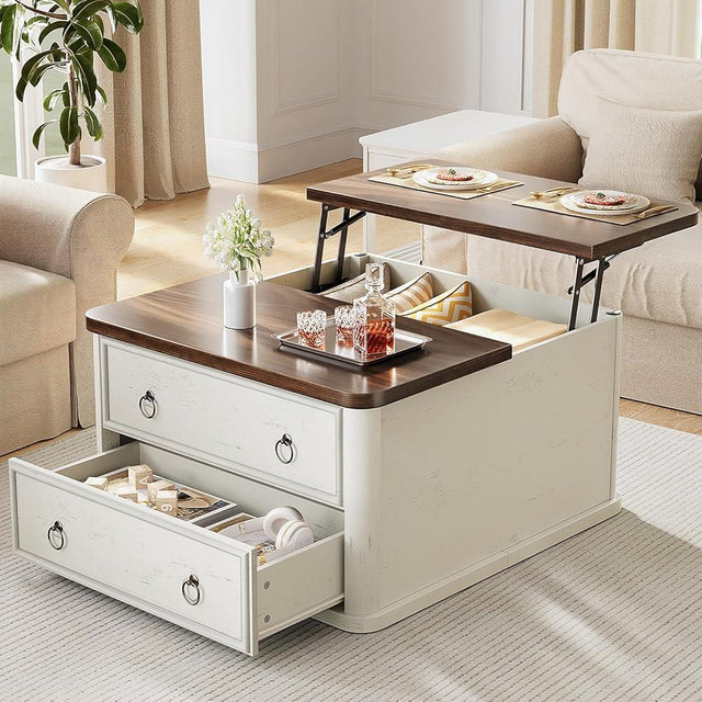 Memobarco 31.5" Lift Top Coffee Table with Storage,Square Coffee Tables with Lifting top for Living Room,Farmhouse Coffee Table with Storage Drawers and Large Hidden Compartment,Rustic White+Walnut