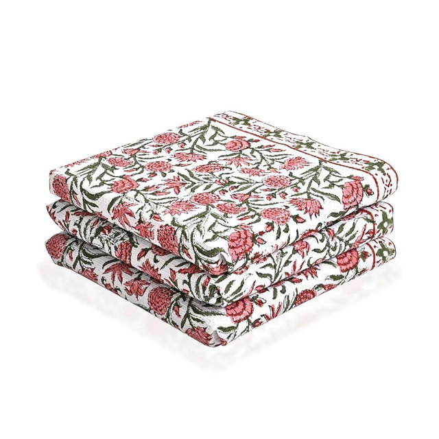 CPC Red Garnet Hand Block Print Waffle Kitchen Towel Set of 3-16 x 28 Inch Ultra Absorbent Quick Dry Cotton Dish Towels Lightweight Reusable Sustainable Tea Towels for Cleaning and Drying