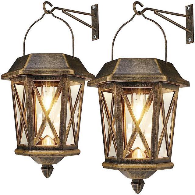 Solar Wall Lantern Lights 2 Pack,Outdoor Hanging Solar Lights Decoration,Anti-Rust & Waterproof Stainless Wall Lights,Vintage Rust Color + UV Protection with Glass Lampshade,3000K Warm