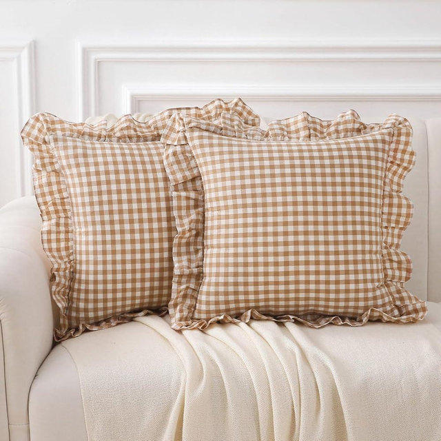 K MASANIJI 2 Pack Taupe White Plaid Ruffle Gingham Throw Pillow Covers 18x18 inches, 100% Washed Cotton Checkered Farmhouse Pillow Shams (18x18 inches,Taupe/White Plaid)