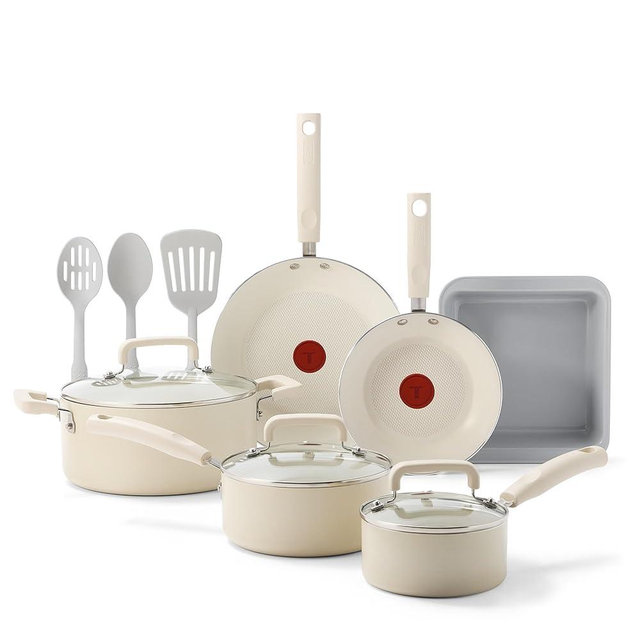 T-Fal Signature Nonstick 12 Piece Cookware Set, Oven Safe Up to 350°F, Dishwasher Safe, Pots and Pans Set, Includes Frying Pans, Saucepan, Stockpot, Cooking Utensils, Beige