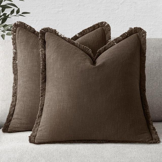 MIULEE Decorative Throw Pillow Covers Neutral Linen Fringe Throw Pillows Set of 2 Chocolate Brown Boho Farmhouse Cushion Covers with Tassels for Couch Sofa Bed Living Room Spring Decor 18x18 Inch
