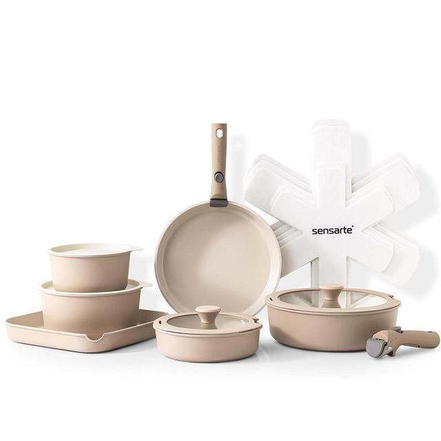 SENSARTE 17 Piece Ceramic Pots and Pans Set, Nonstick Detachable Handle Cookware, Induction Kitchen Cookware Set with Removable Handle, Dishwasher ＆ Oven Safe, PFAS/PTFE/PFOA Free (Almond Beige)