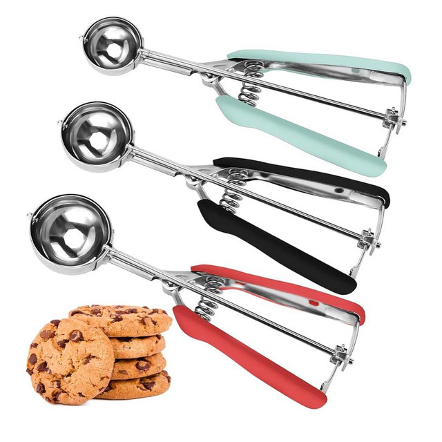 Cookie Scoop Set, Cookie Scoops for Baking Set of 3, Cookie Dough Scoop, 1 Tablespoon/ 2 Tablespoon/ 3 Tablespoon, Red/Black/Mint Handle, For Cookie Cupcake Muffin Ice Cream Truffles