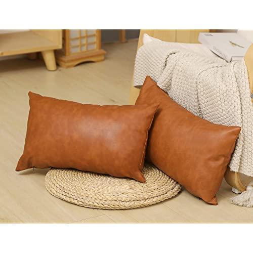 SEEKSEE 2-Pack Faux Leather Lumbar Pillow Cover 12x20 inch, Modern Country Style Decorative Lumbar Pillow for Bedroom Living Room Sofa Brown Accent Pillows.