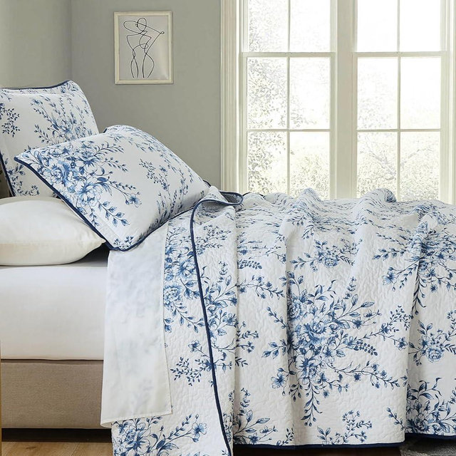 DDUOXIN 3 Piece Queen Quilt Set - Reversible 100% Cotton Soft Queen Quilt with 2 Pillow Shams, Botanical Style Floral Print Bedspread Lightweight Comforter Bedding Set, Blue/White, Queen