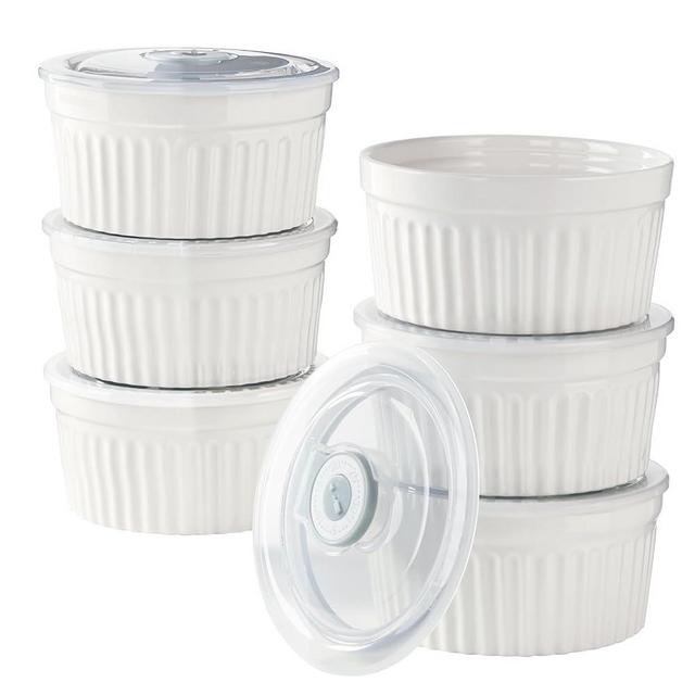 BPFY 8 oz Porcelain Ramekins with Lids [Set of 6] - Creme Brulee Souffle Ramekin Bowls with Date Tracking Lids, Oven Safe Custard Cups for Baking, Pudding, Desserts, White