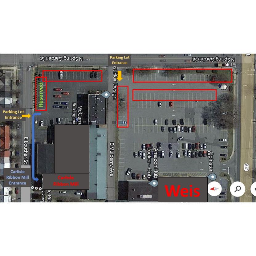 Sections highlighted in red indicate available parking areas for guests.