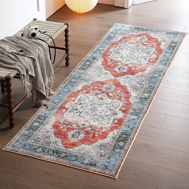 Vowkten Runner Rug Boho Persian 2'6''x8' Area Rugs Non Skid Machine Washable Low Pile Non-Shedding Runners for Hallways, Kitchen, Floor, Laundry Orange