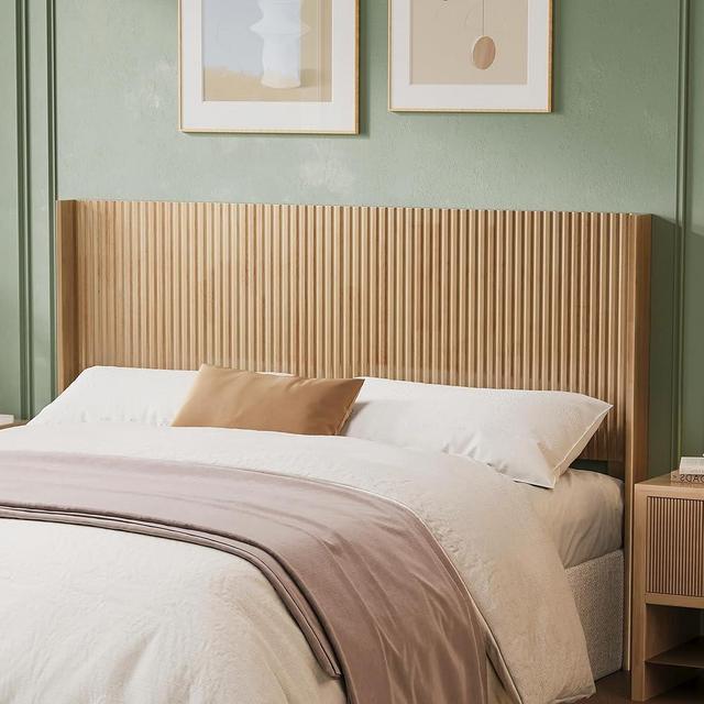 Huatean Home Wood Headboard Queen Size, 64.6" Wide Wooden Headboard Queen Headboard Only, Modern Farmhouse Headboards Queen Size, Wall Mounted Headboard, Fluted Panel, Wingback Boho Headboard, Natural