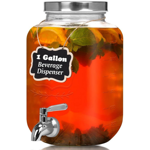Moretoes 1 Gallon Glass Drinks Dispenser for Parties, Beverage Dispenser for Juice and Iced Tea, Airtight Sun Tea Glass Gar for Outside, Party Essential Beverage Pitcher with Spout