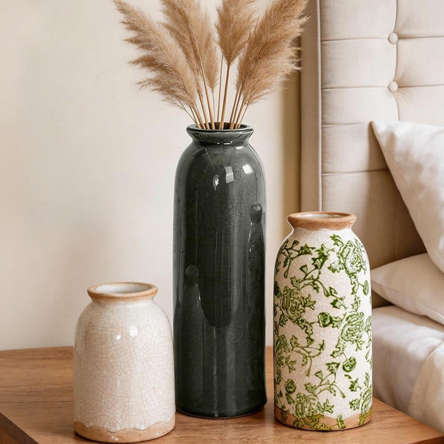 FancyPlus Vintage Ceramic Vase Set of 3, Flower Small Chinoiserie Vase Rustic Modern Farmhouse Centerpiece Decorative Pottery Vases for Table Mantel Entryway Bookshelf Living Room Kitchen Home Decor