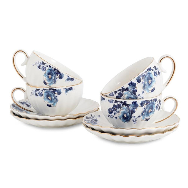 Agyiuns Tea Cup and Saucers, 6.4oz Floral Tea Cups with Gold Trim, Porcelain Bone China Teacup, Coffee Cappuccino Espresso Latte Mugs for Party Birthday,Christmas Gift (White with blue flower)