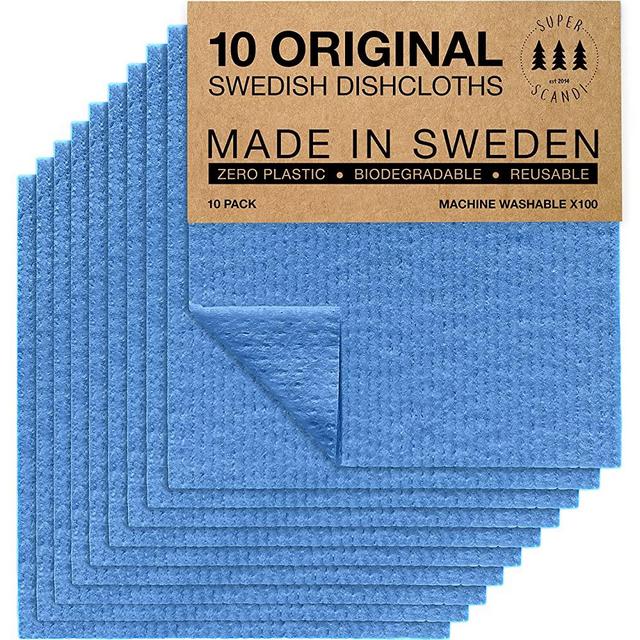 SUPERSCANDI Blue 10 Pack Swedish Dishcloths Reusable Compostable Towels Made in Sweden Cellulose Sponge Dish Cloths for Kitchen