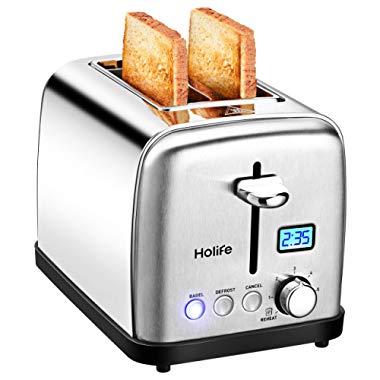 Toaster, HoLife 2 Slice Prime Rated Toasters [LCD Dispaly] Stainless Steel Bagel Toaster (6 Bread Settings, Bagel/Defrost/Reheat Function, 1.5" Wide Slots, Removable Crumb Tray, 900W, Silver)