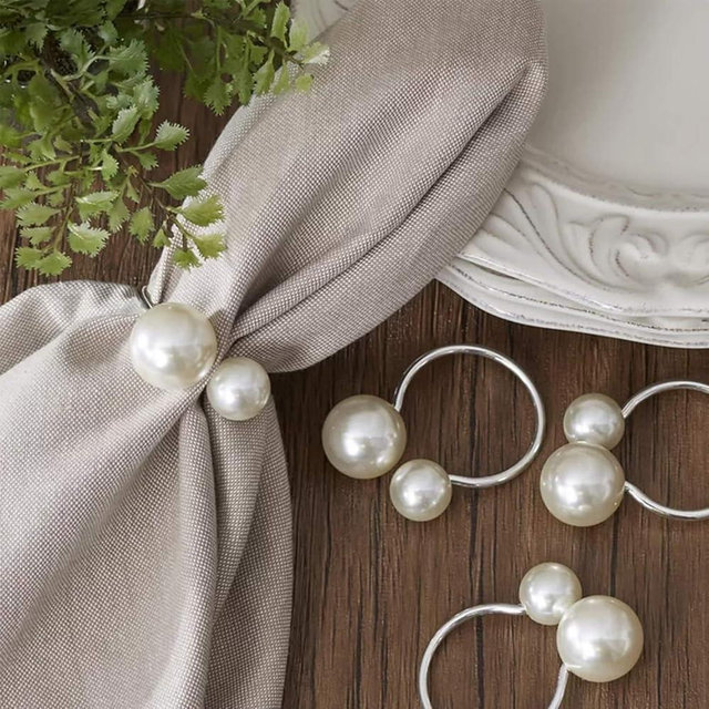 Pearl Napkin Rings Set of 6,Silver Napkin Holder Dinning Table Setting Rustic Dinner Tables Decoration for Wedding Receptions,Thanksgiving Day Holiday Party Dinner Parties (Round-Silver)