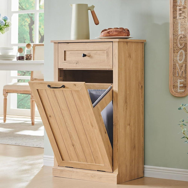 IFGET Tilt Out Trash Can Cabinet, 10 Gallon Farmhouse Laundry Hamper Cabinet with Drawer, Hidden Wooden Trash Garbage Can Bin with Storage Basket for Kitchen, Living Room (Natural)