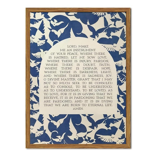 Christian Lords Prayer Wall Art Jesus Bible Verse Wall Decor Painting, Mid Century Francis Scripture Poster Canvas Prints Blue Religious Quotes Room Artwork 12x16 inch Wood Framed