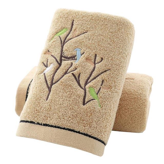 Pidada Hand Towels Set of 2 Embroidered Bird Tree Pattern 100% Cotton Absorbent Soft Decorative Towel for Bathroom (Brown)
