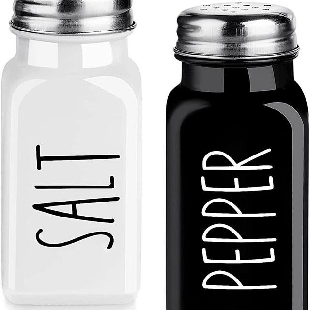 Farmhouse Salt and Pepper Shakers Set, Dopeca 2.7oz Glass Salt Shaker with Stainless Steel Lid, Black and White Modern Farmhouse Kitchen Decor, Cute Salt and Pepper Set for Kitchen or Restaurant