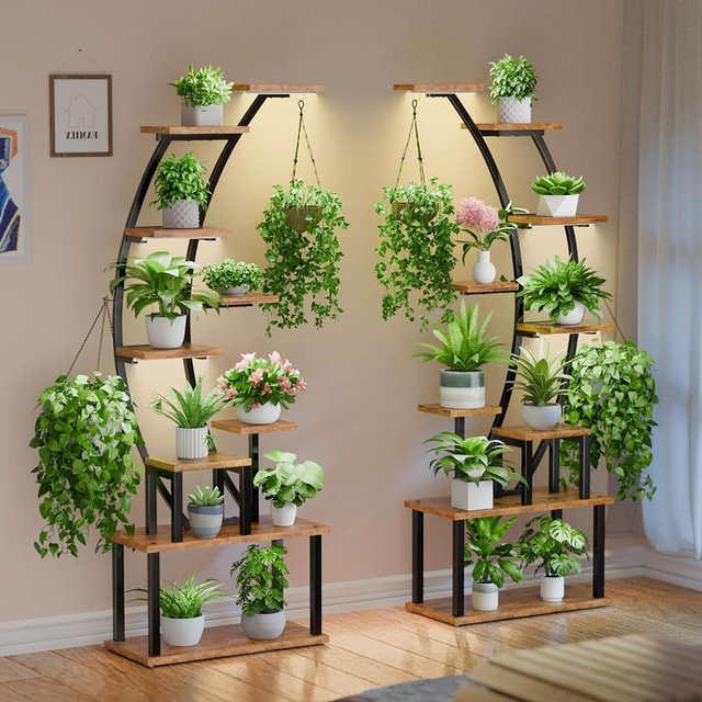 BACEKOLL Plant Stand Indoor with Grow Lights, 9 Tiered Metal Plant Shelf, 64" Tall Plant Stand for Indoor Plants Multiple, Large Plant Rack Display Shelves, Curved Plant Holder for Living Room, Patio