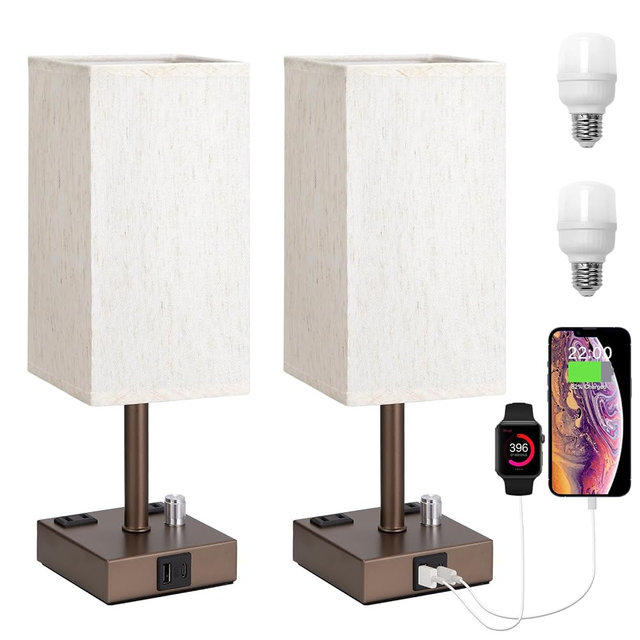 aooshine Brown Fully Dimmable Nightstand Lamps Set of 2 - Table Bedside Lamp with USB C+A Charging Ports & 2 AC Outlets, Square Lamp Sets Linen Fabric Shade for Bedroom (Bulb Included)