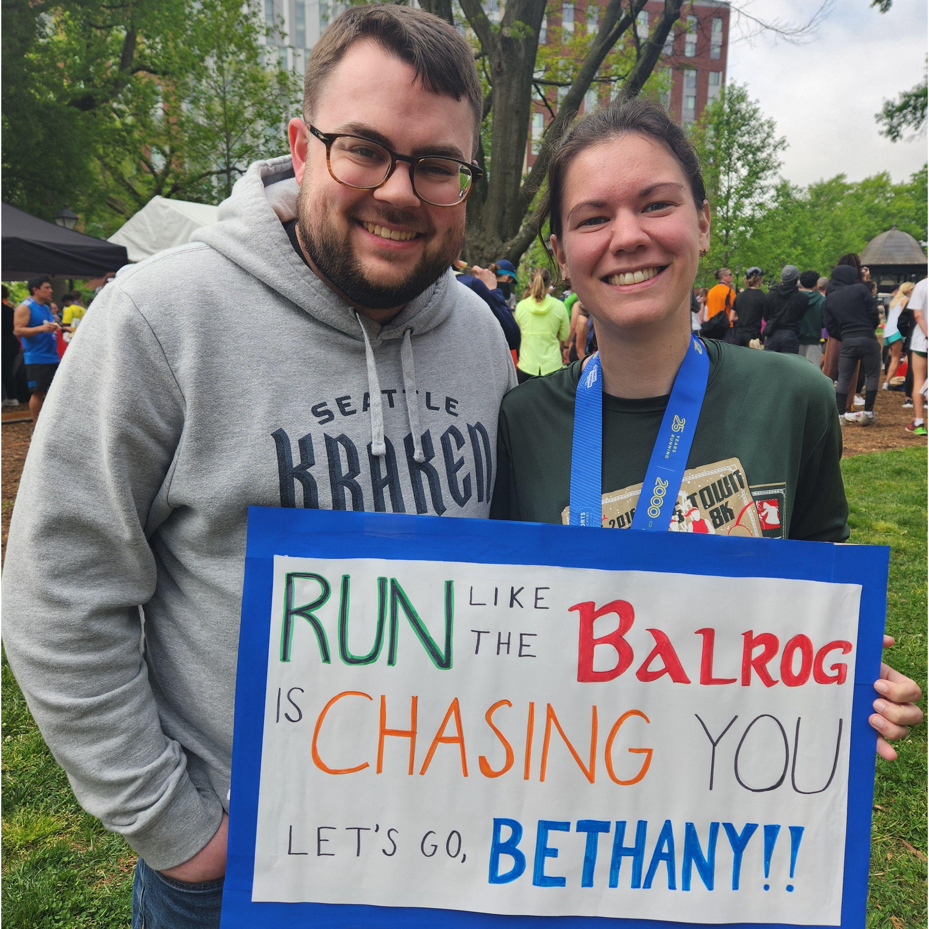 He stayed up WAY too late the night before to make this awesome 10k sign! (Then proposed the next day.)