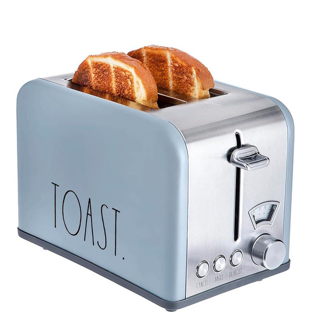 Rae Dunn Toaster, Stainless Steel 2 Slice Square Toaster, Wide Slot with 5 Browning Levels, with Bagel, Defrost and Cancel Options (Baby Blue)