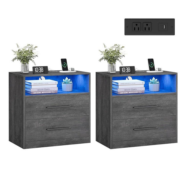 VASAGLE Custos Collection - Set of 2, 23.6 Inch Wide Nightstands with Charging Station, LED Lights, Modern Night Stands, Side End Tables with Drawers, Open Shelf, 2 AC Outlets USB Ports, Misty Gray