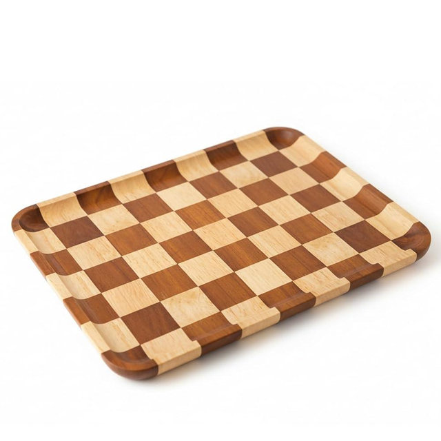 Rectangular Checkered Acacia Wood Serving Tray – Decorative Wooden Tray for Coffee Table, Snacks, and Food – Modern Wood Serving Tray for Kitchen, Dining, and Living Room Decor（13.7" x 9.8" x 0.6"）