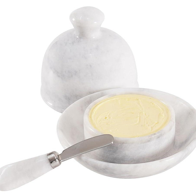 Radicaln Marble Butter Dish With Lid White 6"x5.5" Inch Handmade Butter Storage Container For Easy Spreadable Butter - Ideal Butter Keeper For Kitchen Countertop & Kitchen Counter Shelf