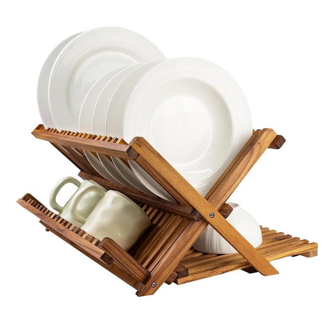 Utoplike Large Teak Dish Drying Rack, Wooden 3 Tier Collapsible Dish Draine for Countertop, Kitchen Organizer for Pasta Plates, Cups