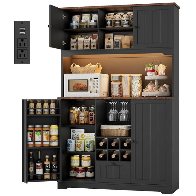 FINETONES 71" Pantry Cabinet with LED Light and Charging Station, Kitchen Pantry Cabinet with Microwave Stand, Kitchen Hutch Food Storage Cabinet with Outlet and Wine Racks, Black