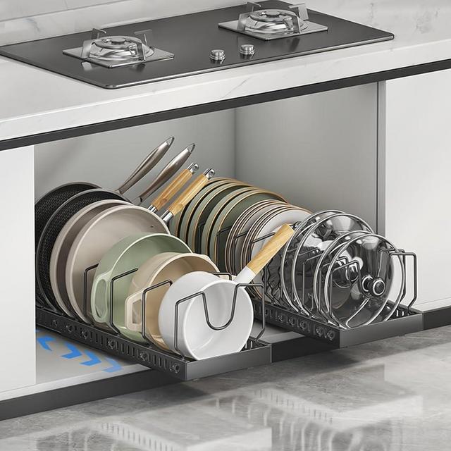 2 Pack Expandable Pots and Pans Organizer Under Cabinet, Sliding Pot Lid Holder and Pan Rack in Kitchen, Pull out Pot and Pan Organizer for Pot Lid, Bakeware, Dishes, with 10 Adjustable Dividers