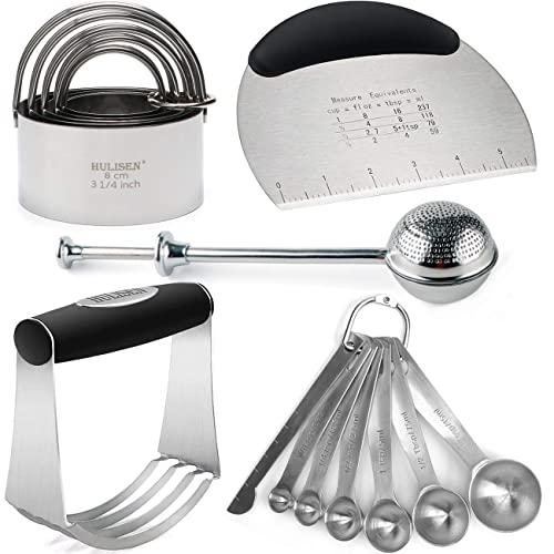 HULISEN Measuring Spoons Set, Pastry Scraper, Dough Blender, Biscuit Cutter Set, Flour or Powdered Sugar Shaker Duster, Professional Baking Stainless Steel Tools - 5 Pieces/ Set, Gift Package