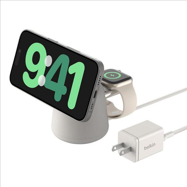 Belkin 2-in-1 MagSafe Wireless Charging Dock 15W Fast Charge iPhone Charger Compatible with iPhone 15, 14, 13, and 12 Series, AirPods, and Other MagSafe Enabled Devices, Includes Power Supply - Sand