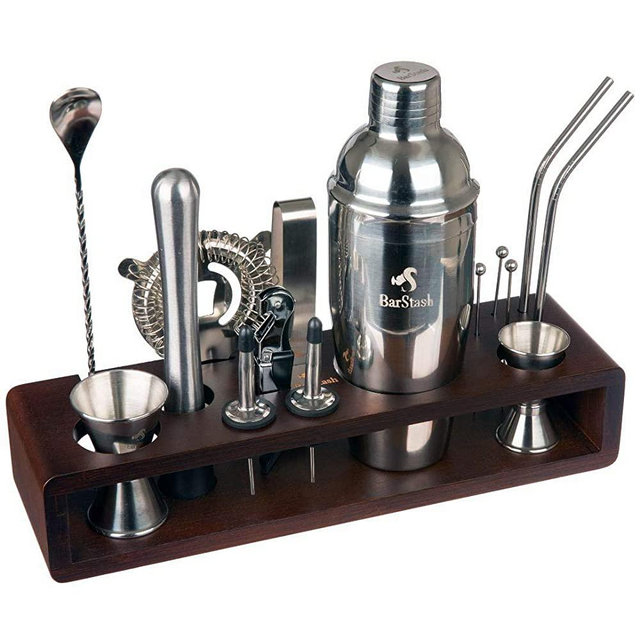 BarStash Bartender Kit: 17-Pieces Tool Set with Bamboo Stand - Perfect Bar Cocktail Shaker Set - Barware Set with Stainless Steel Straws for a Great Drink Mixing Experience, Recipe E-book included