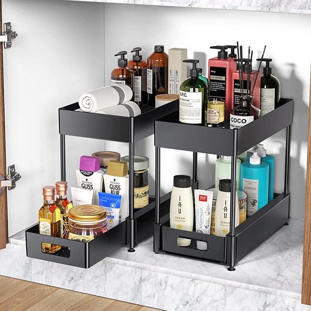 Under Sink Organizers and Storage, 2 Pack Stackable Under Sink Cabinet Organizer with Sliding Storage Drawer with Hooks, 2 Tier Large Capacity Kitchen Bathroom Organization and Storage, Black