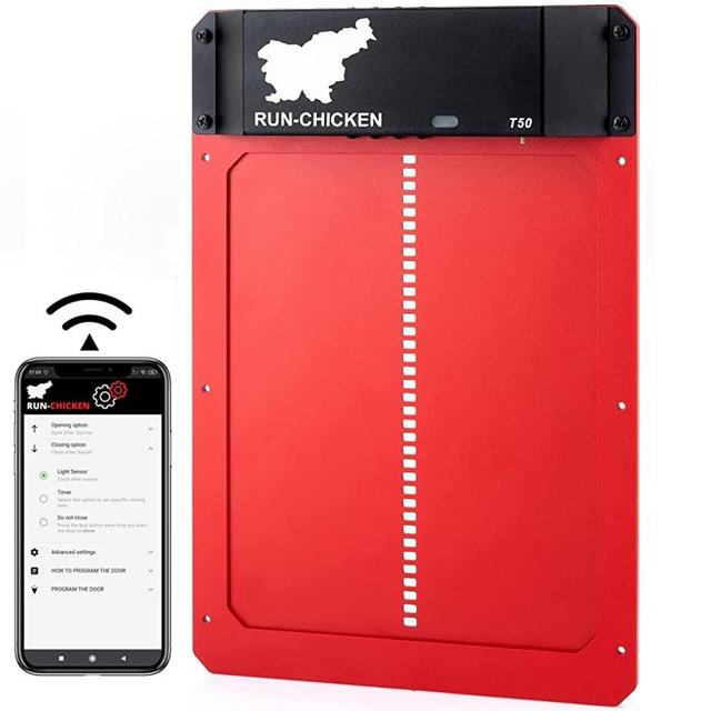 RUN-CHICKEN Door (RED) Automatic Chicken Coop Door Opener with Timer, Programmable Light Sensor, Battery Powered, Evening and Morning Delay, Aluminum Door, Automatic Chicken Door Opener Model T50