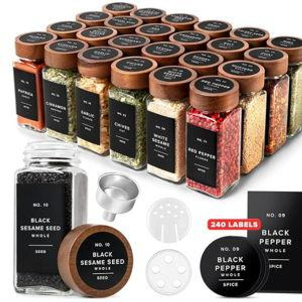 EDELHAUS® Square Spice Jars with Acacia Wooden Lid (Pack of 24) Spice Jars with Shaker Insert and 240 Labels - Acacia Lid Glass Container for Spice Organisation [4.3 in × 1.8 in]