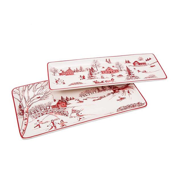 Bico Toile De Jouy Winter Wonderland Ceramic 14 inch Rectangular Serving Platter, Set of 2, for Serving Salad, Pasta, Cheese, Ham, Appetizer, Microwave & Dishwasher Safe