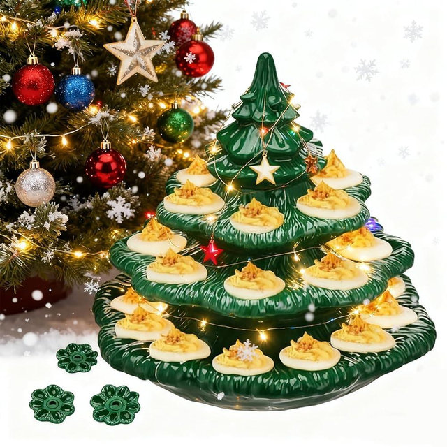 2026 New Christmas Deviled Egg Platte, Eviled Egg Christmas Tree, Reusable Holiday Deviled Oval Tray with Lid, Green X-Mas Plant-Shaped Ceramic Eggs Holder for Party Tableware (Green)