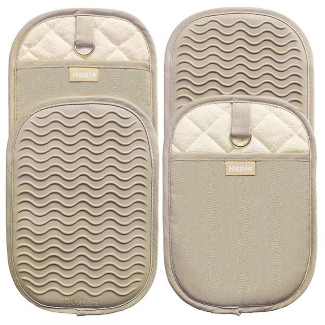 Honla 4 Piece Rectangular Pot Holders with Pockets,Heat Resistant to 500 F,Flexible Non Slip Silicone Grip Hot Pads,Tan